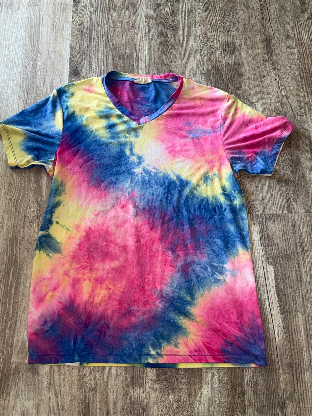 V-Neck Tie-Dye Short Sleeve Tee in Pink, Blue & Yellow